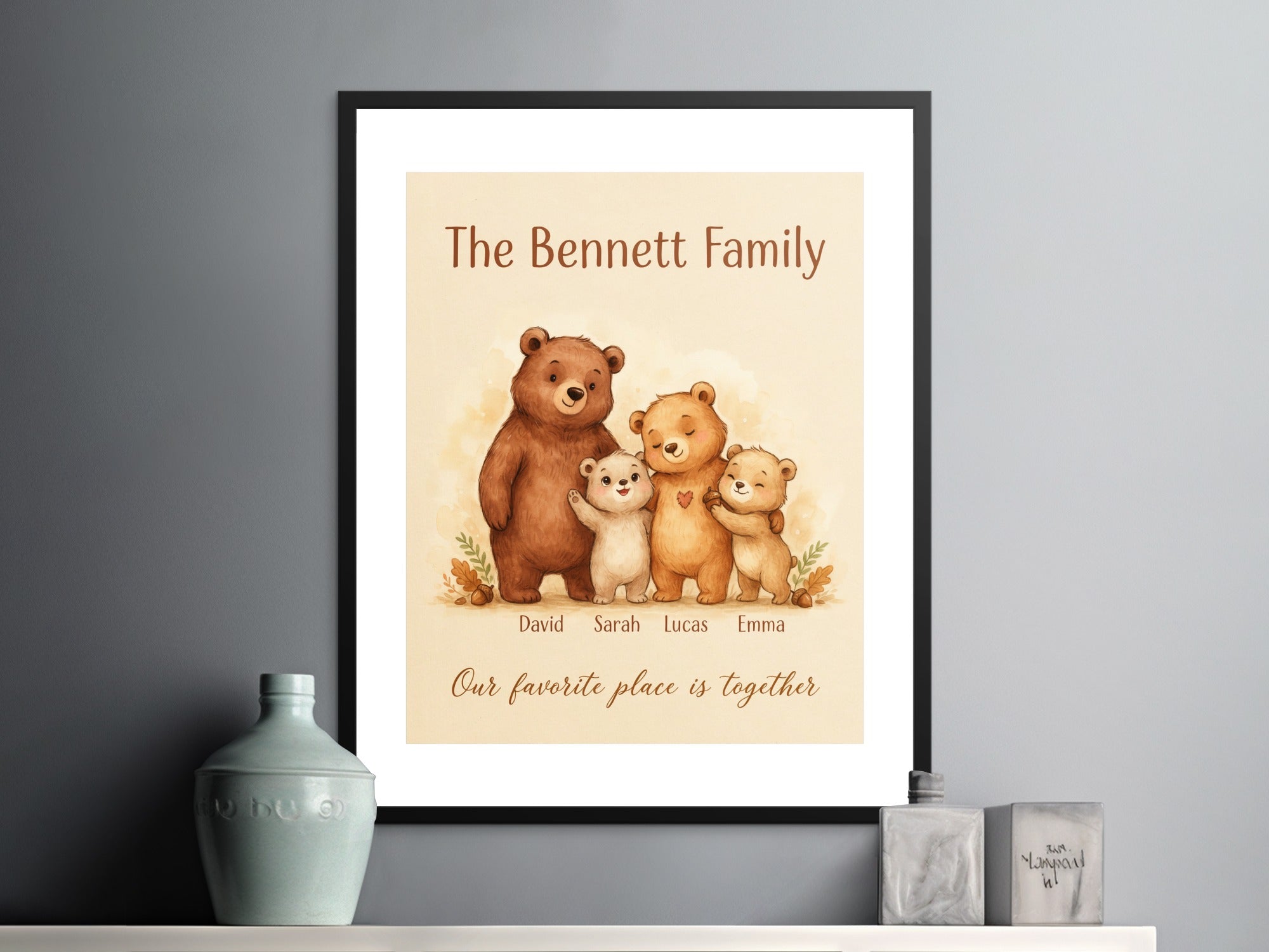 The Bennett Family personalized print with watercolor bears and quote.