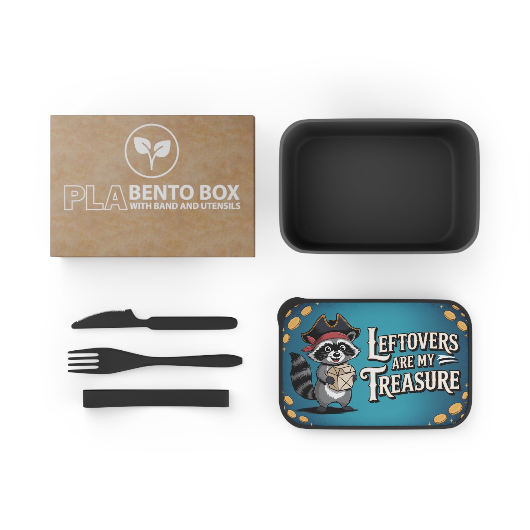 PLA Bento Box with utensils and a raccoon graphic on the lid.
