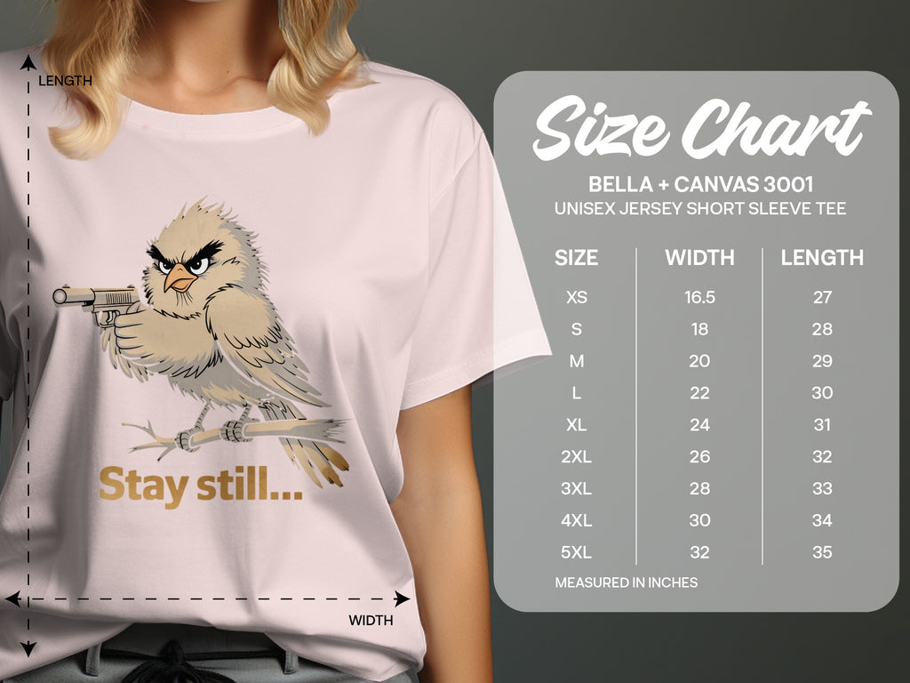 Bird with a gun on a t-shirt with a size chart.