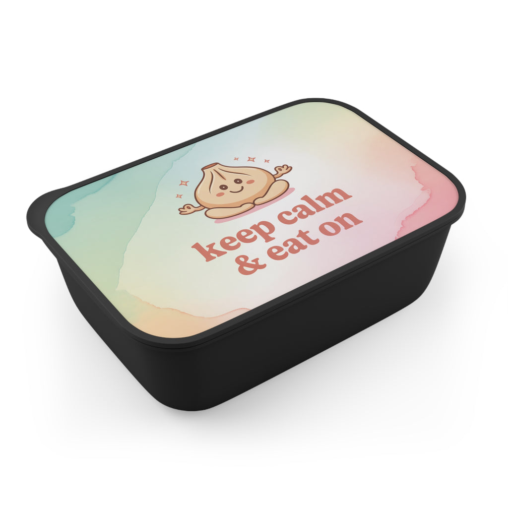 Black lunchbox with "keep calm & eat on" and smiling dumpling graphic.