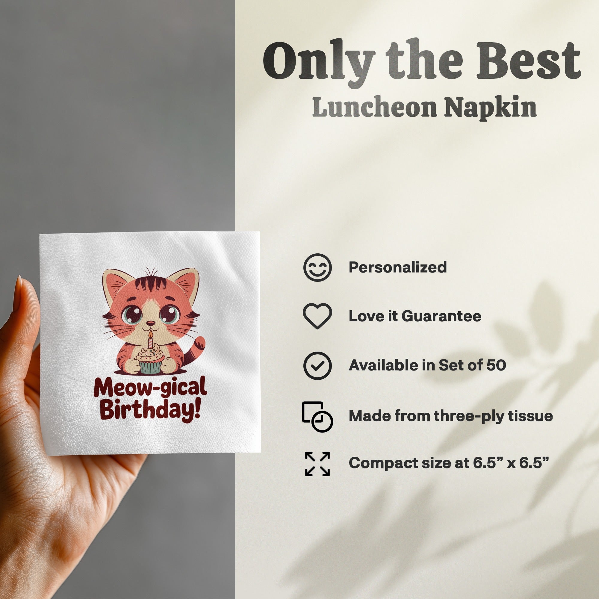 Luncheon napkin with a cat and "Meow-gical Birthday!" text.