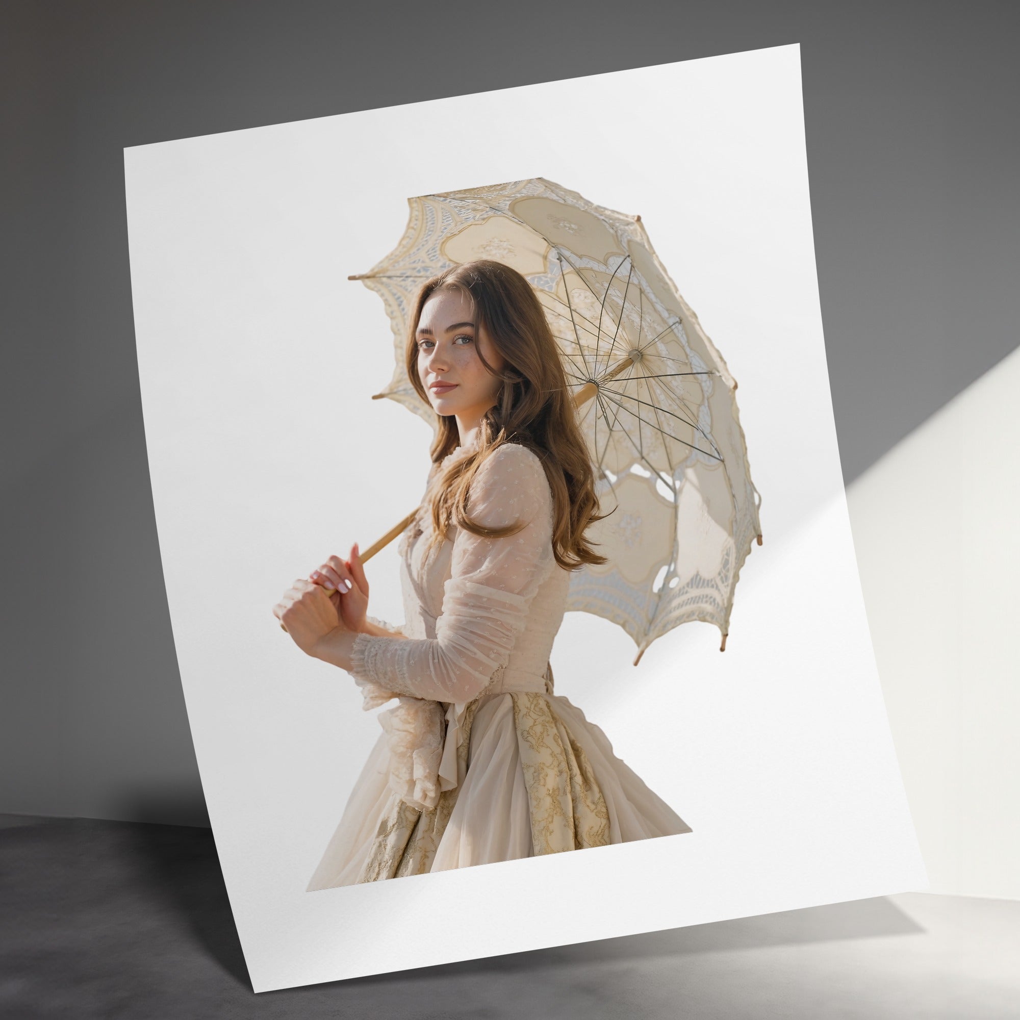 Woman in vintage gown holding an ornate lace umbrella outdoors.