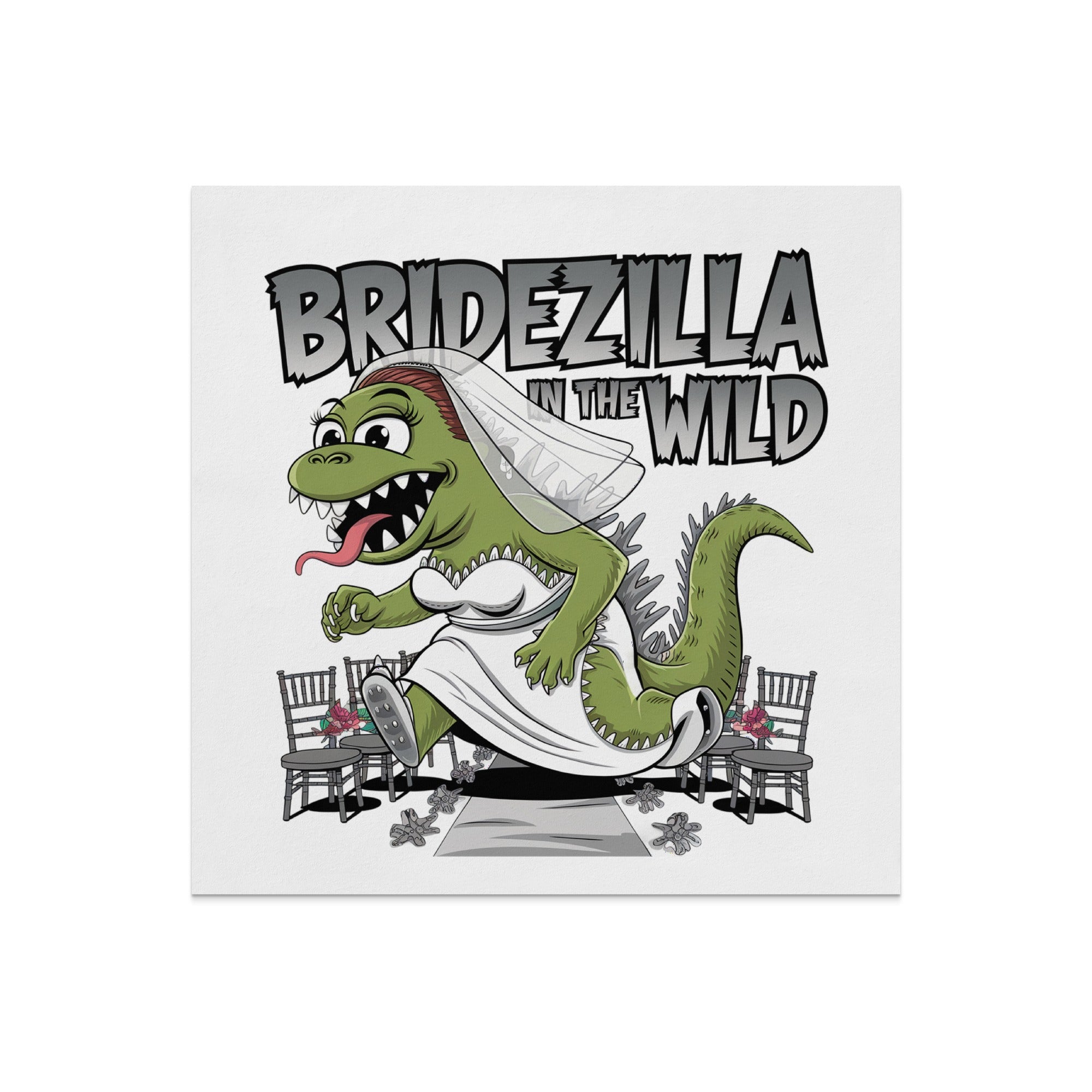 Bridezilla in the Wild text on a cartoon monster bride in a wedding dress.