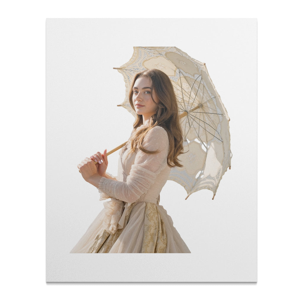 Woman in vintage dress holding an ornate parasol.