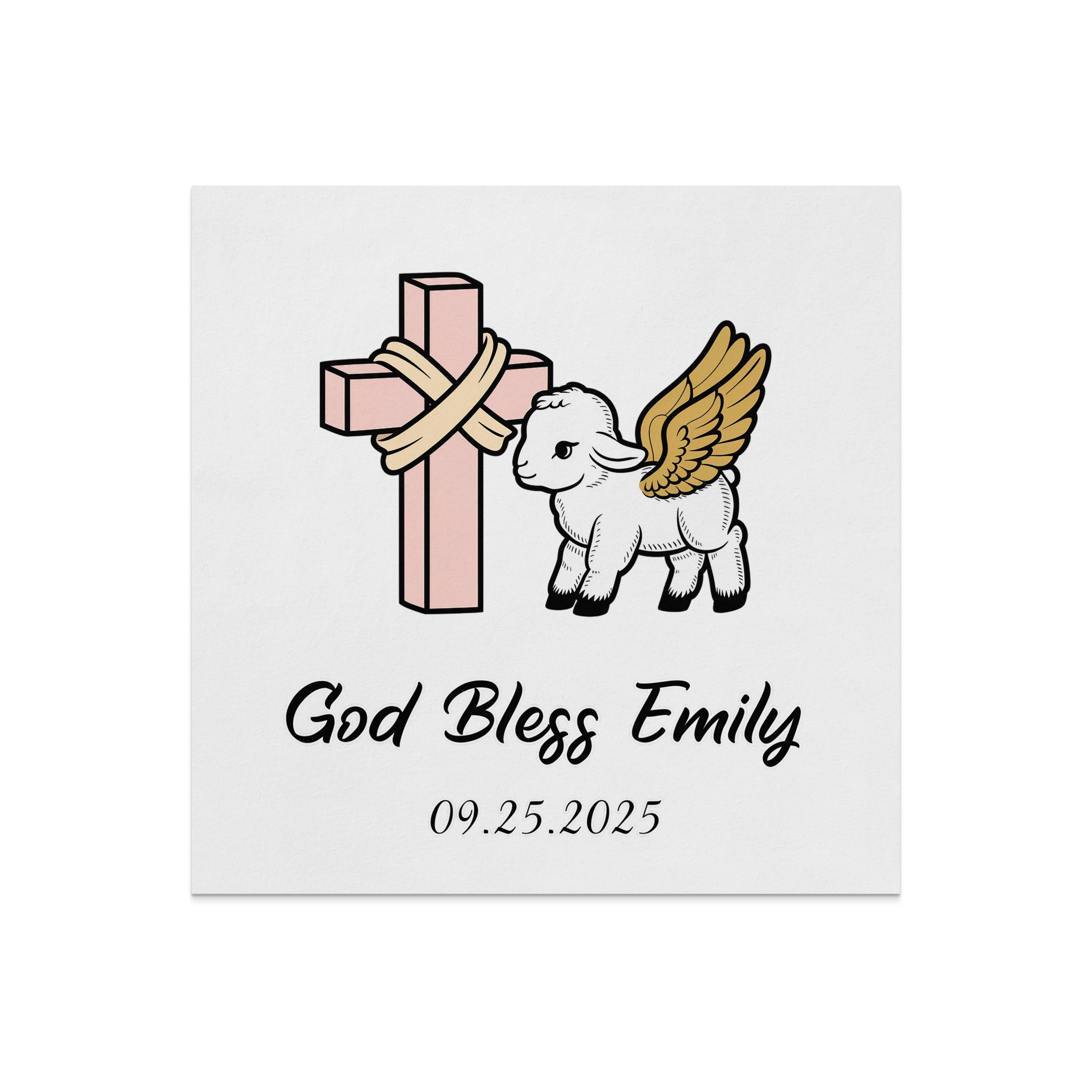 Cross and winged lamb with text "God Bless Emily" and date.
