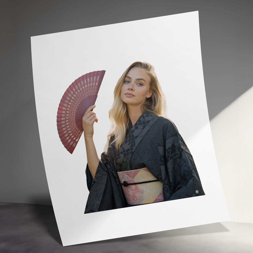 Woman in a dark kimono holding a red fan, angled against a light background.