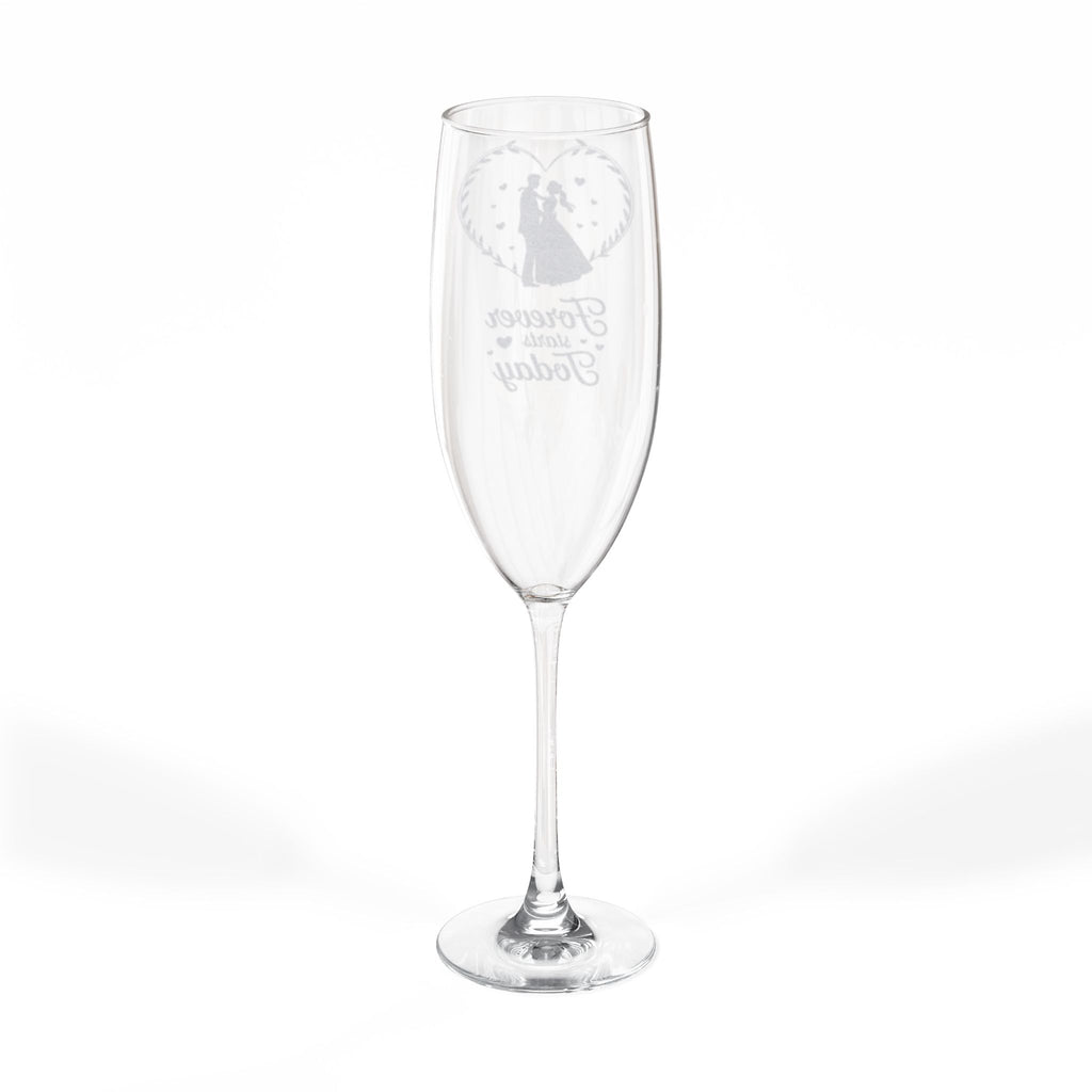 Champagne flute with "Forever Starts Today" etched in script with heart accents.