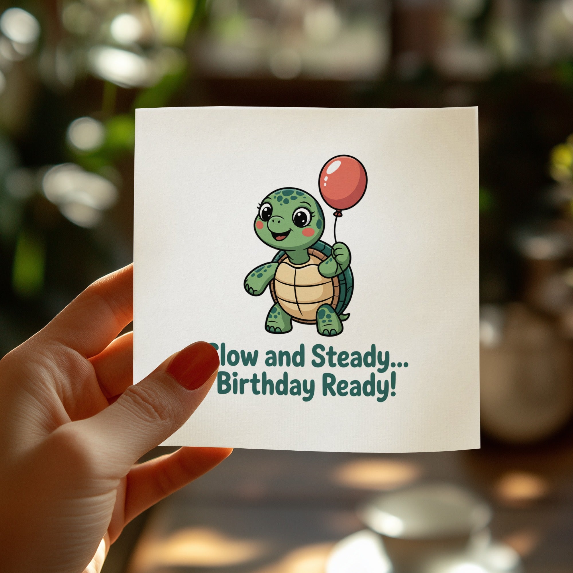 Cute cartoon turtle holding a red balloon, with text "Slow and Steady... Birthday Ready!".