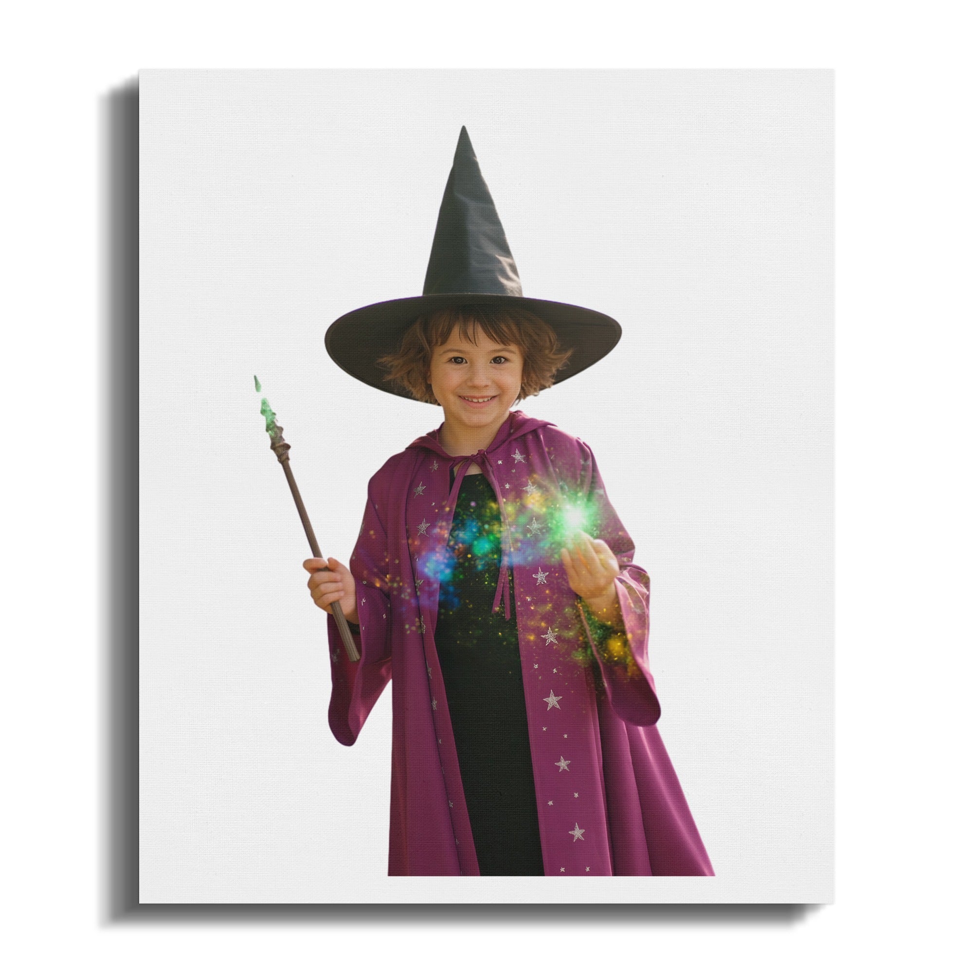 Young witch in a purple cape and pointed hat casts a spell with a wand.