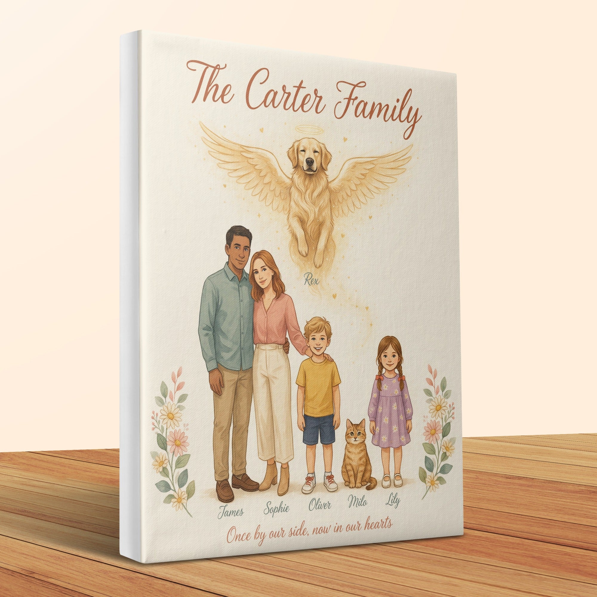 Custom portrait of The Carter Family with winged dog and cat, and text.