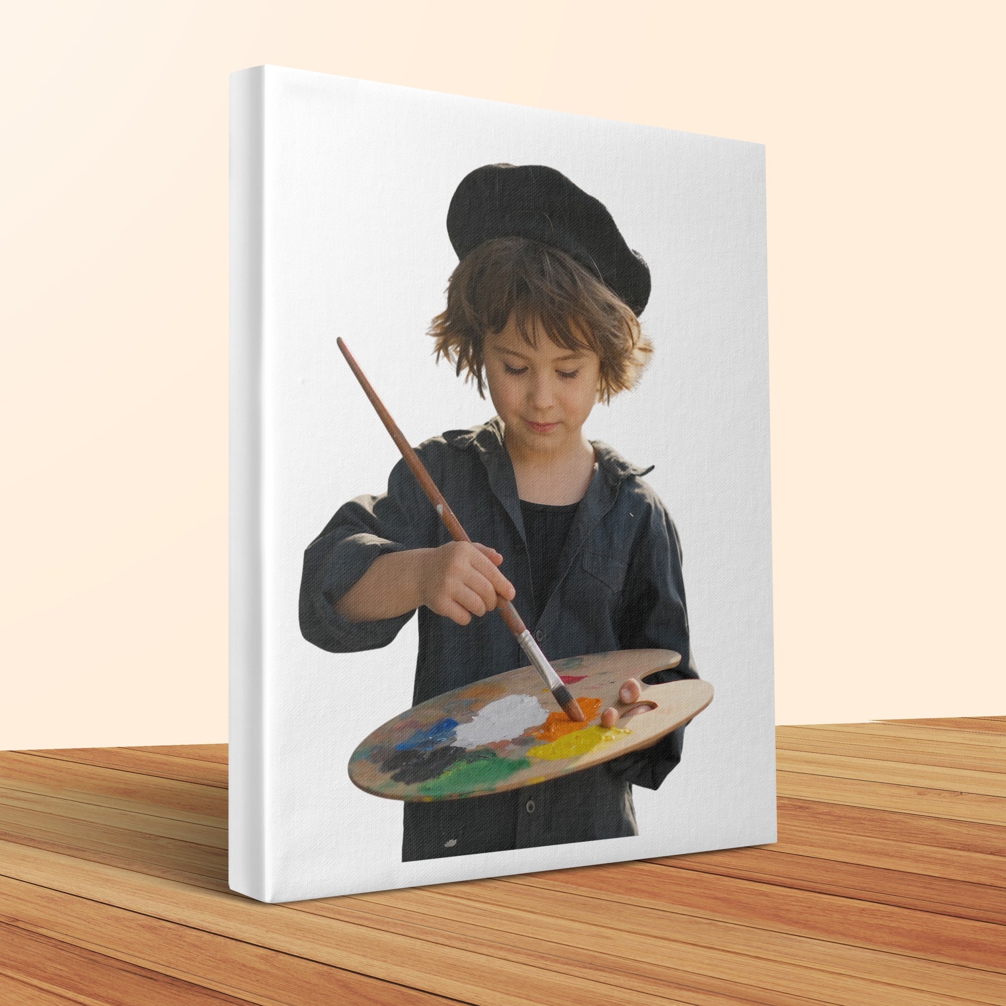 Young artist in a beret holds a paint palette and brush, on canvas.