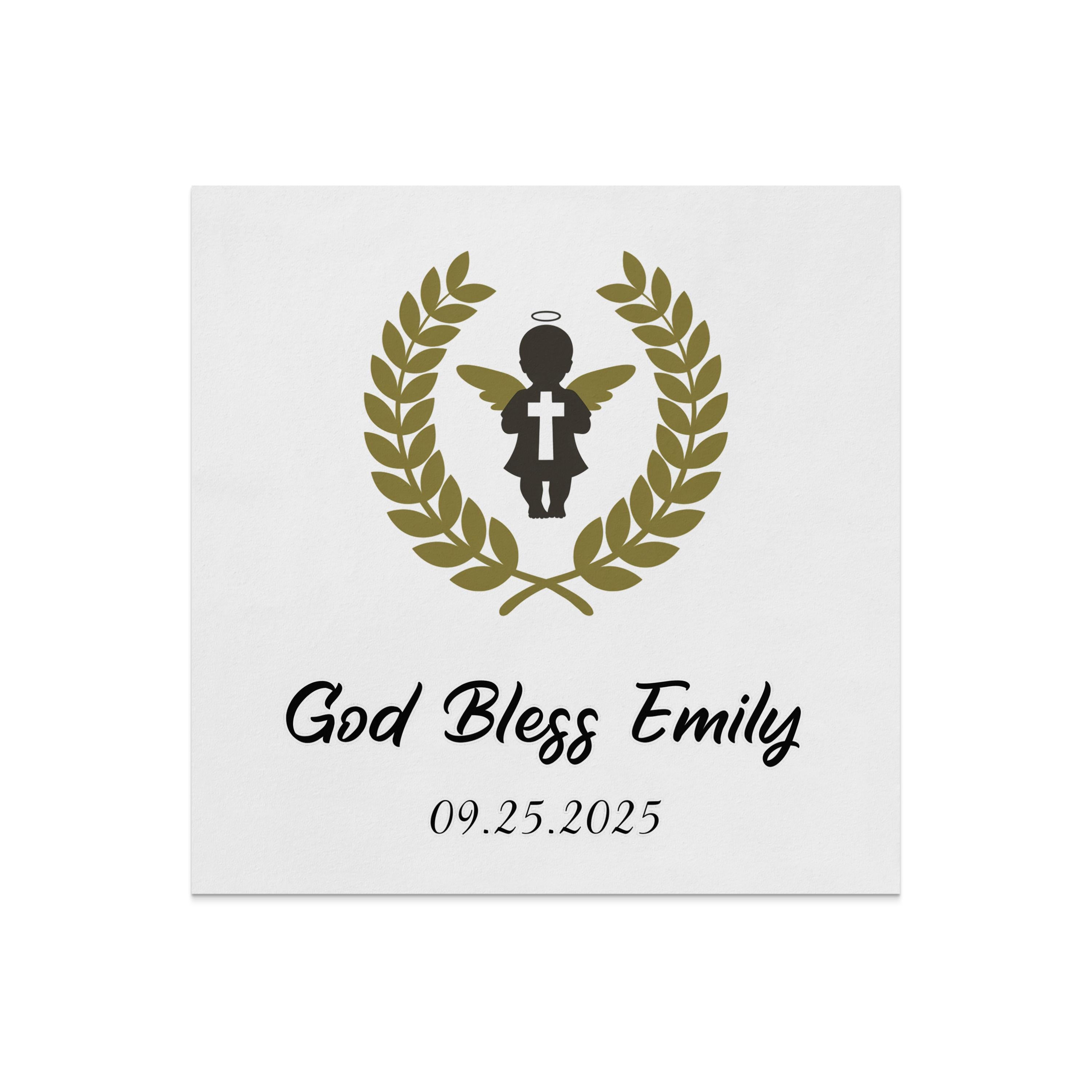 God Bless Emily with haloed angel in laurel wreath, dated 09.25.2025.