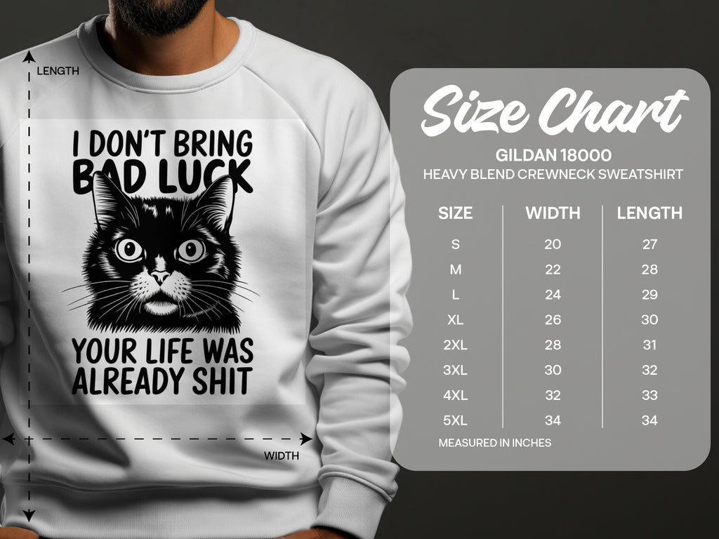 White crewneck sweatshirt with black cat graphic and size chart.