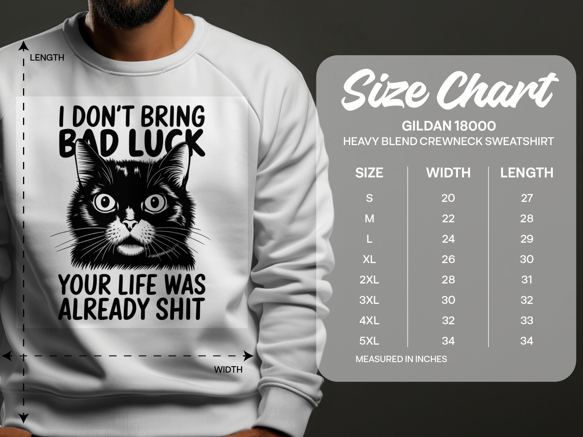 White crewneck sweatshirt with black cat graphic and size chart.