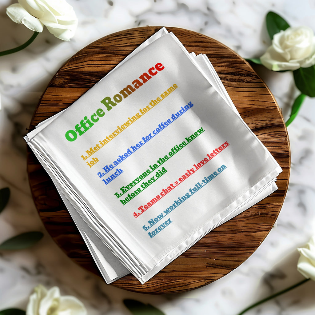 A white cloth lists five steps of an office romance.