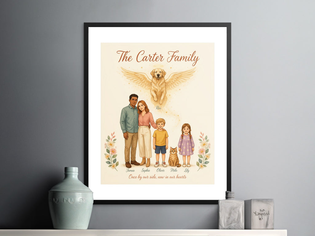 The Carter Family portrait features a family, cat, and haloed dog with names below.