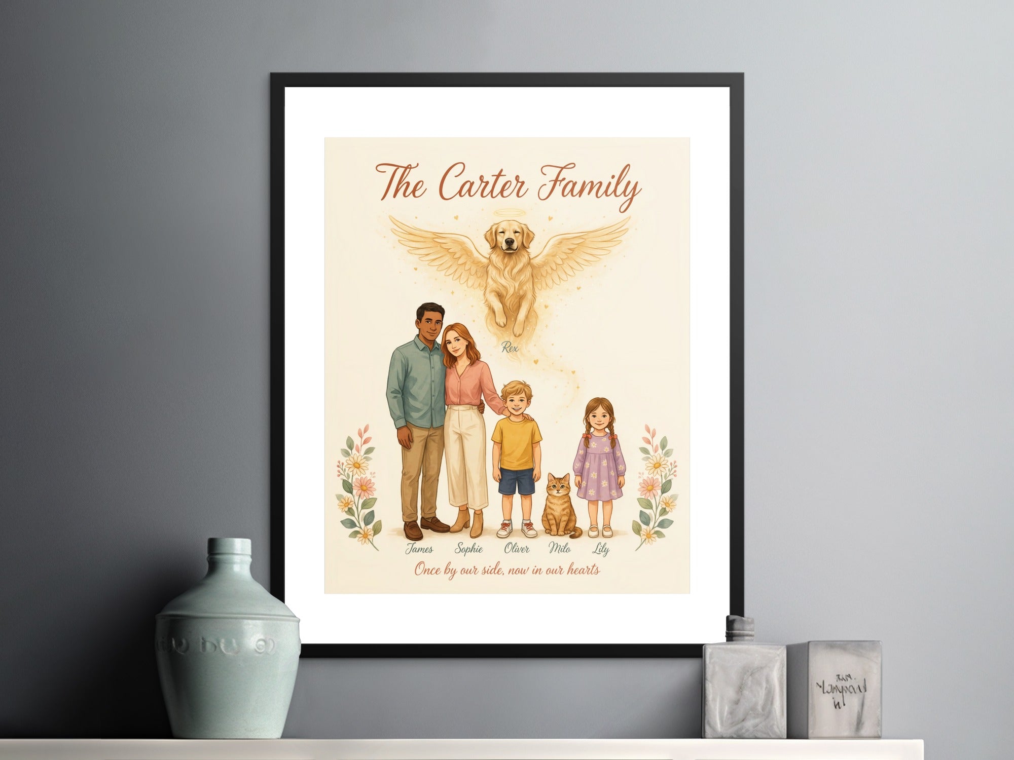 The Carter Family portrait features a family, cat, and haloed dog with names below.