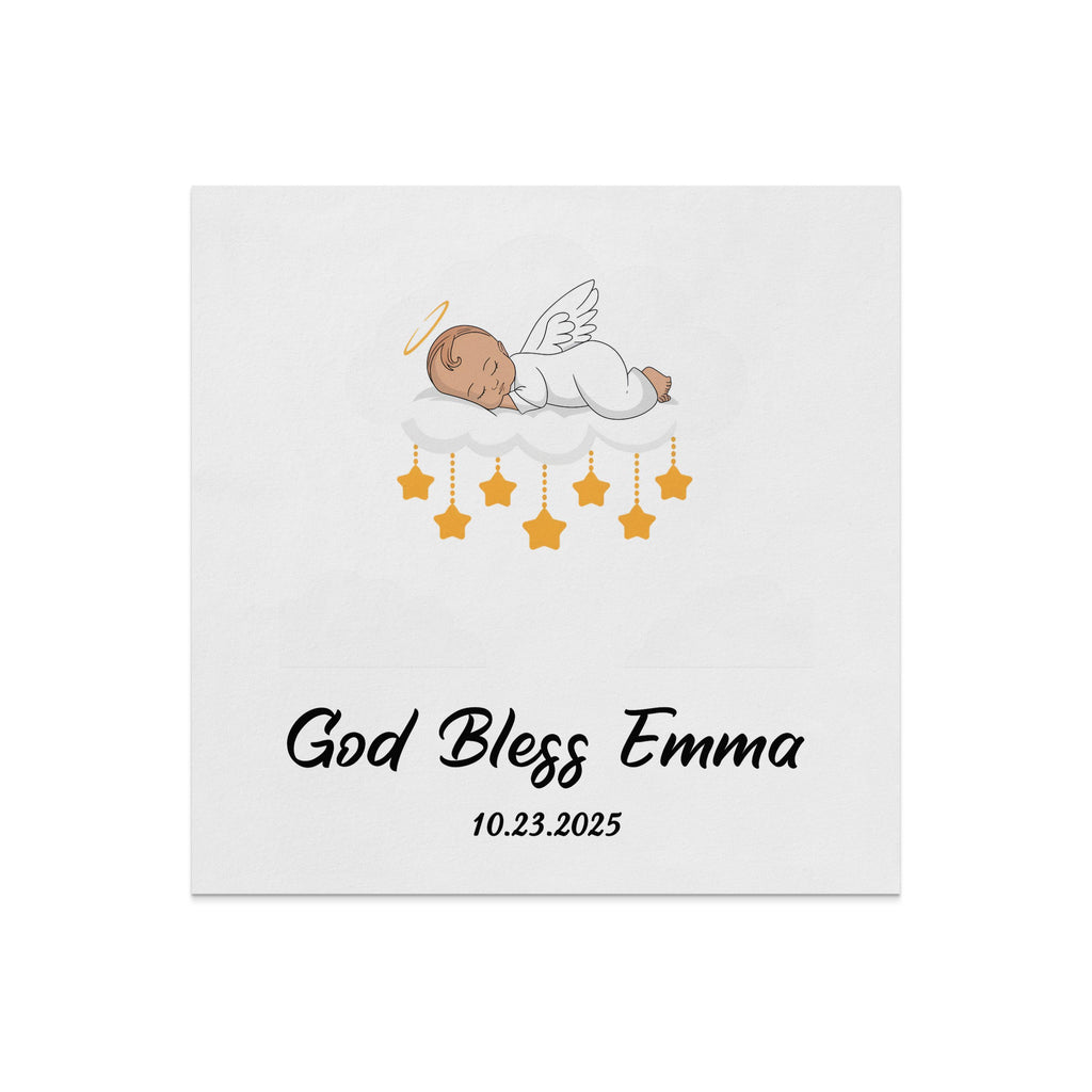 Baby angel sleeping on clouds with stars, "God Bless Emma 10.23.2025".