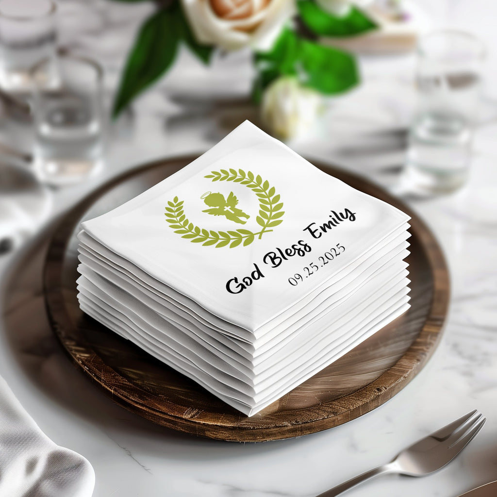 Stack of white napkins with "God Bless Emily" and "09.25.2025" text.