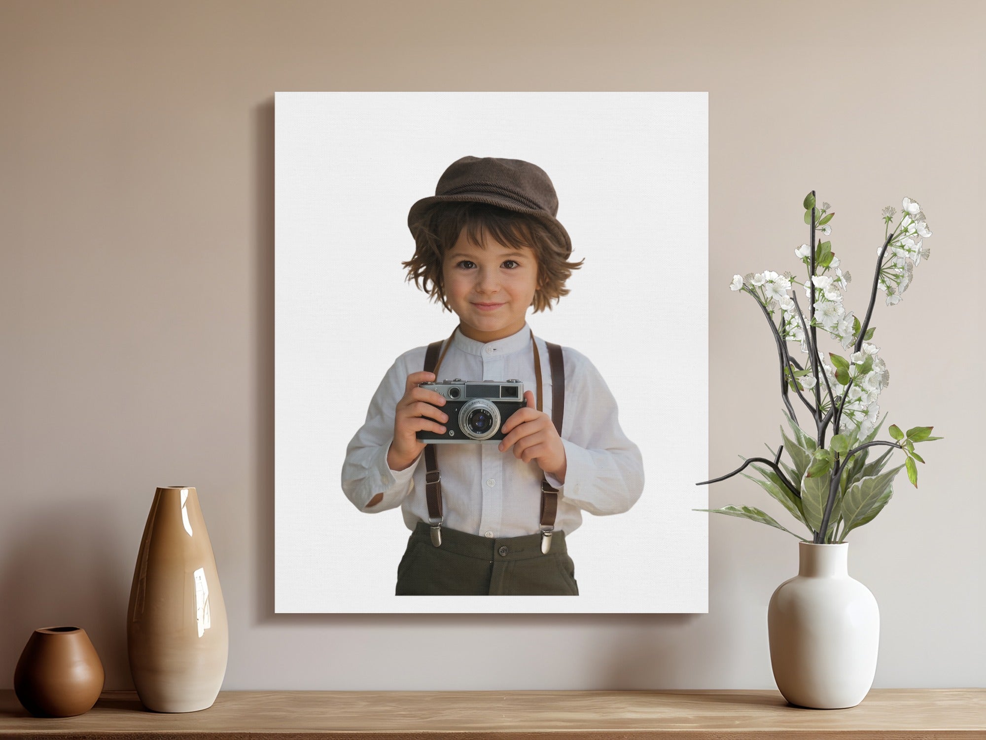 Young boy in hat and suspenders holds vintage camera.
