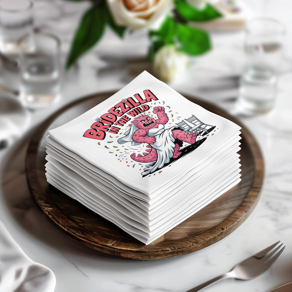Stack of white napkins featuring a pink cartoon bridezilla monster.
