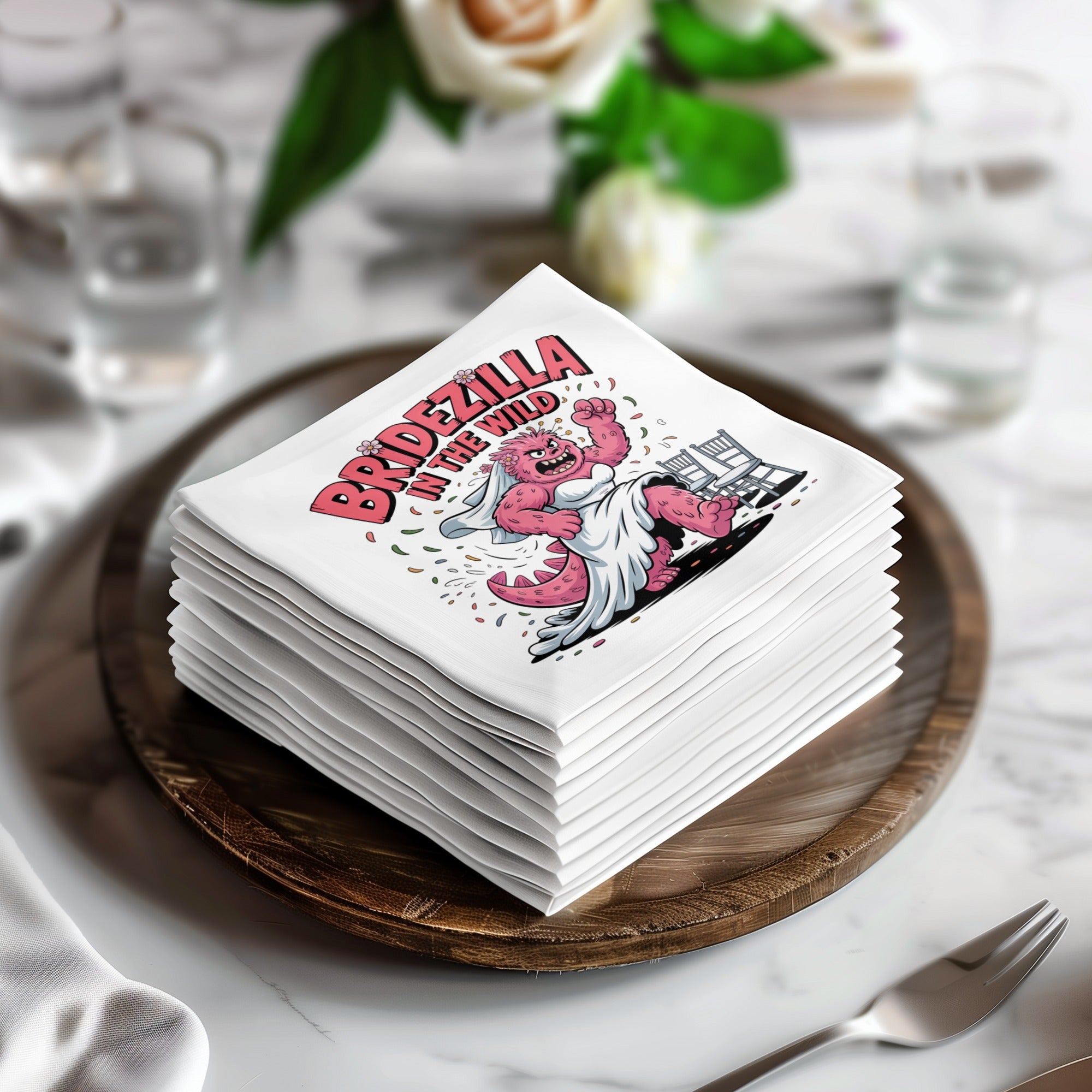 Stack of white napkins featuring a pink cartoon bridezilla monster.