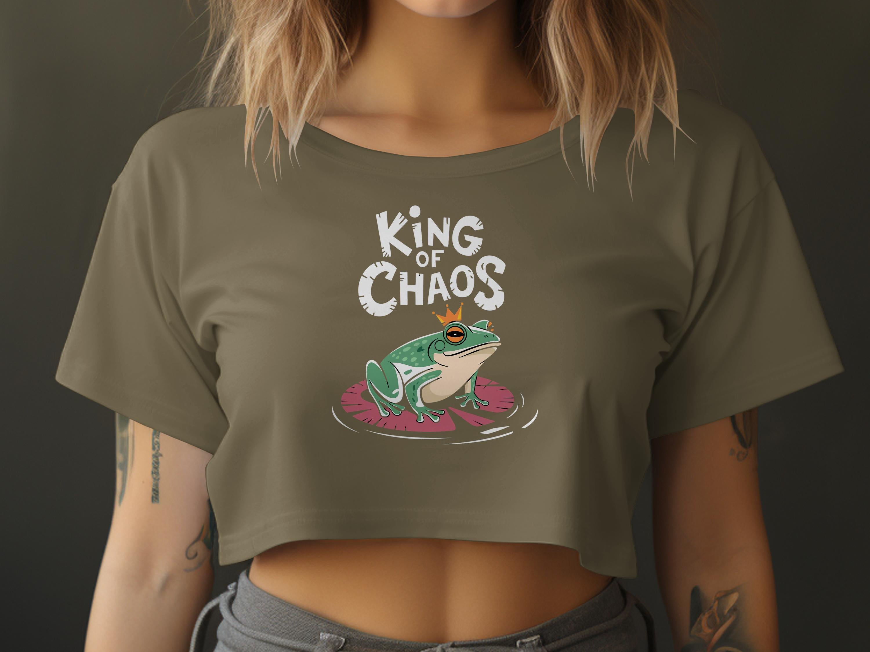 Green frog wearing a crown on a lily pad with "King of Chaos" text.