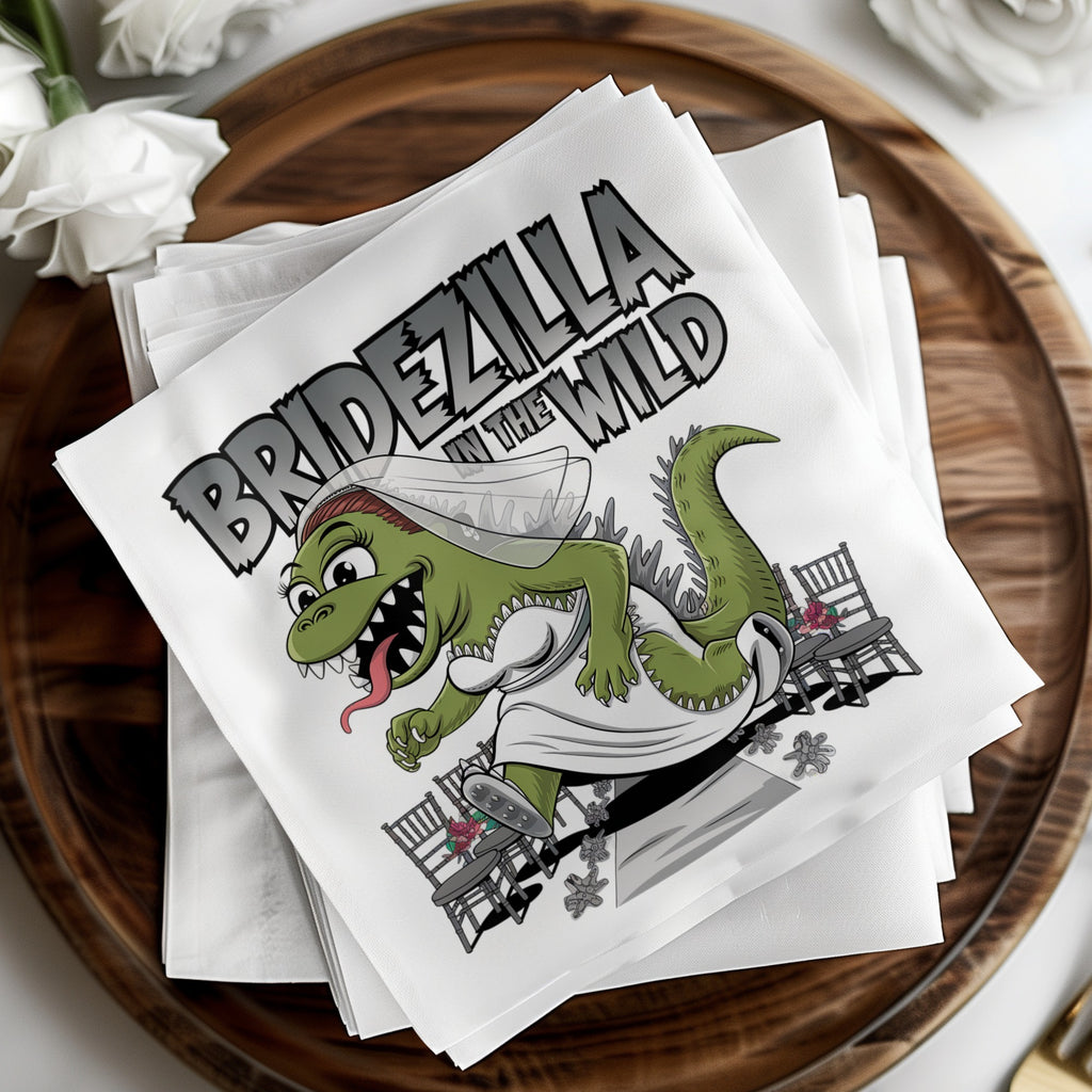 Bridezilla in the wild cartoon dinosaur bride on wedding chairs.