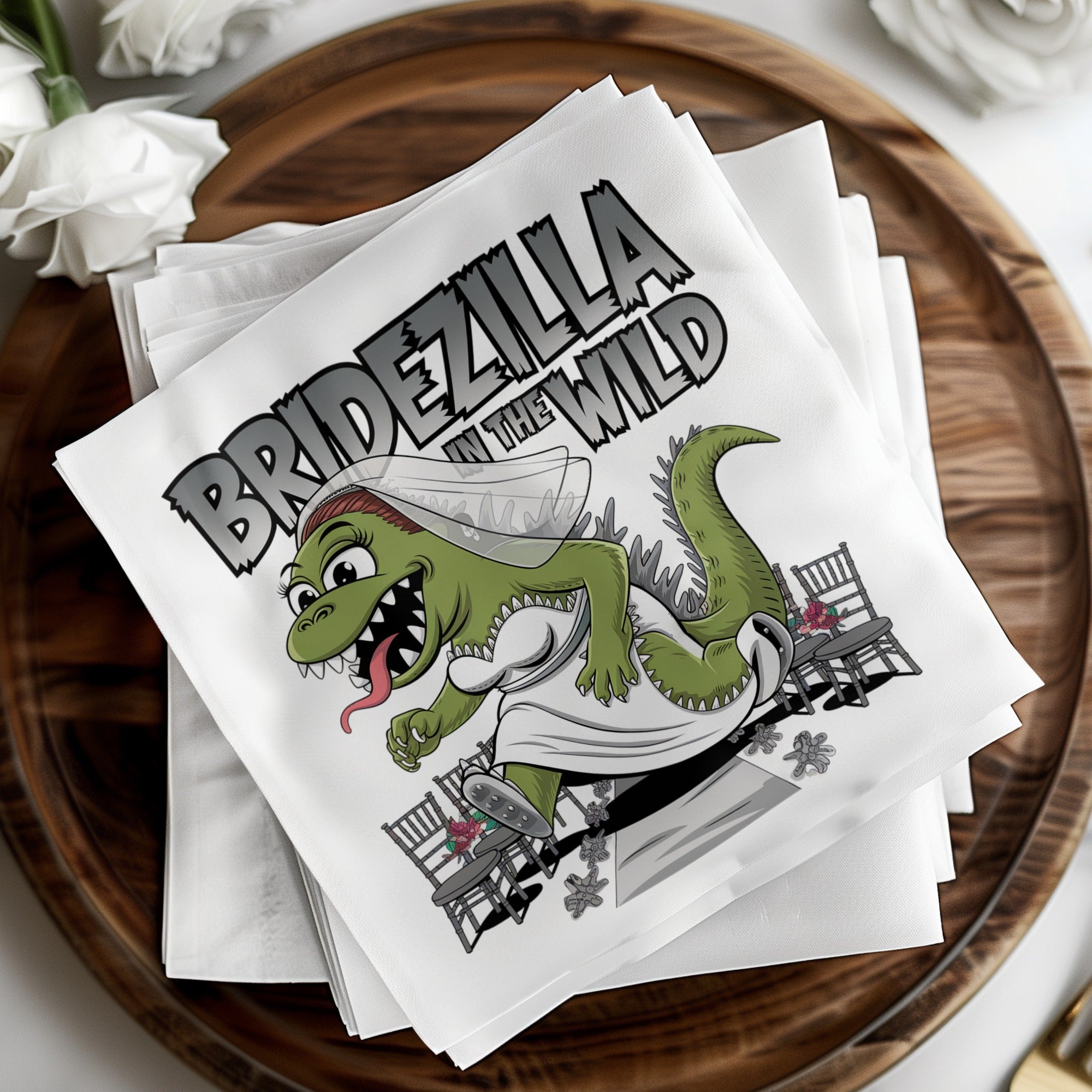 Bridezilla in the wild cartoon dinosaur bride on wedding chairs.