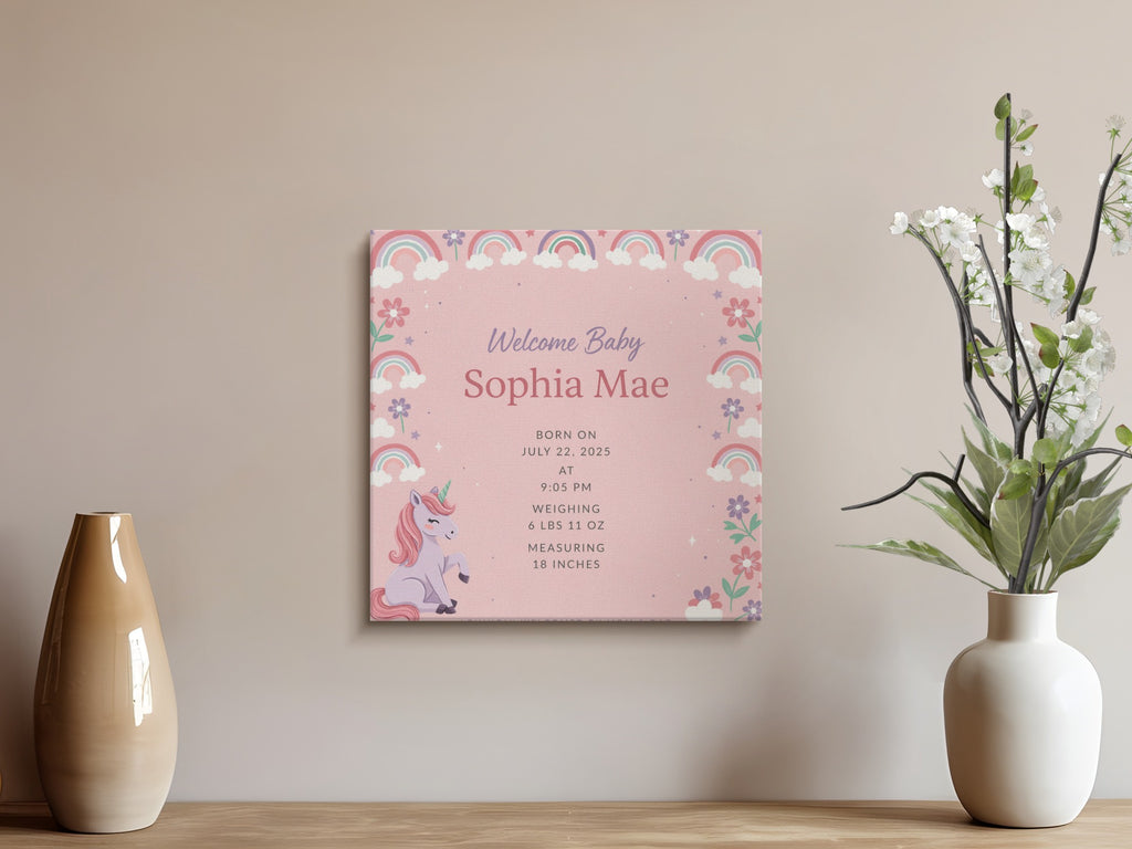 Welcome Baby Sophia Mae birth announcement with unicorn, rainbows, and birth details.
