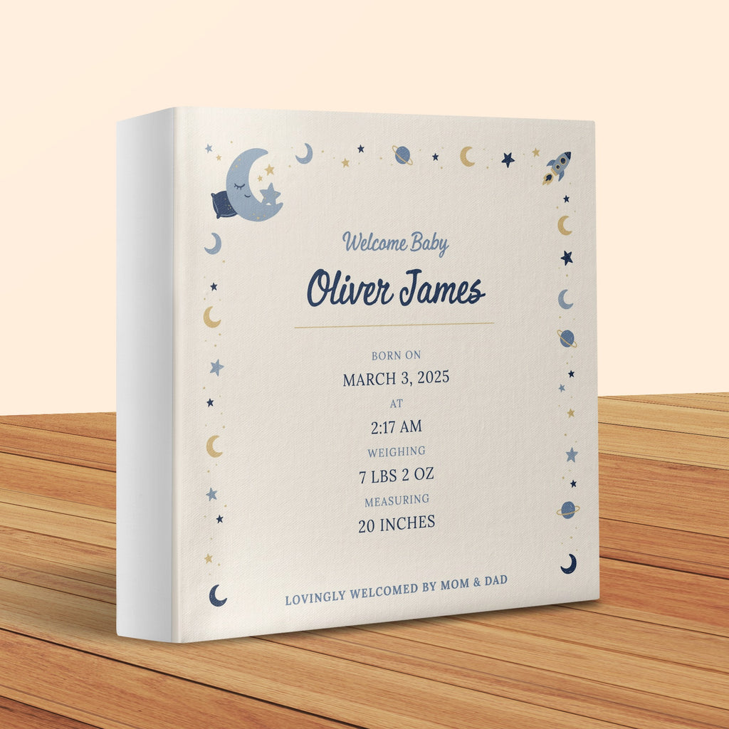 Baby Oliver James birth announcement with moon, stars, and rocket motif.