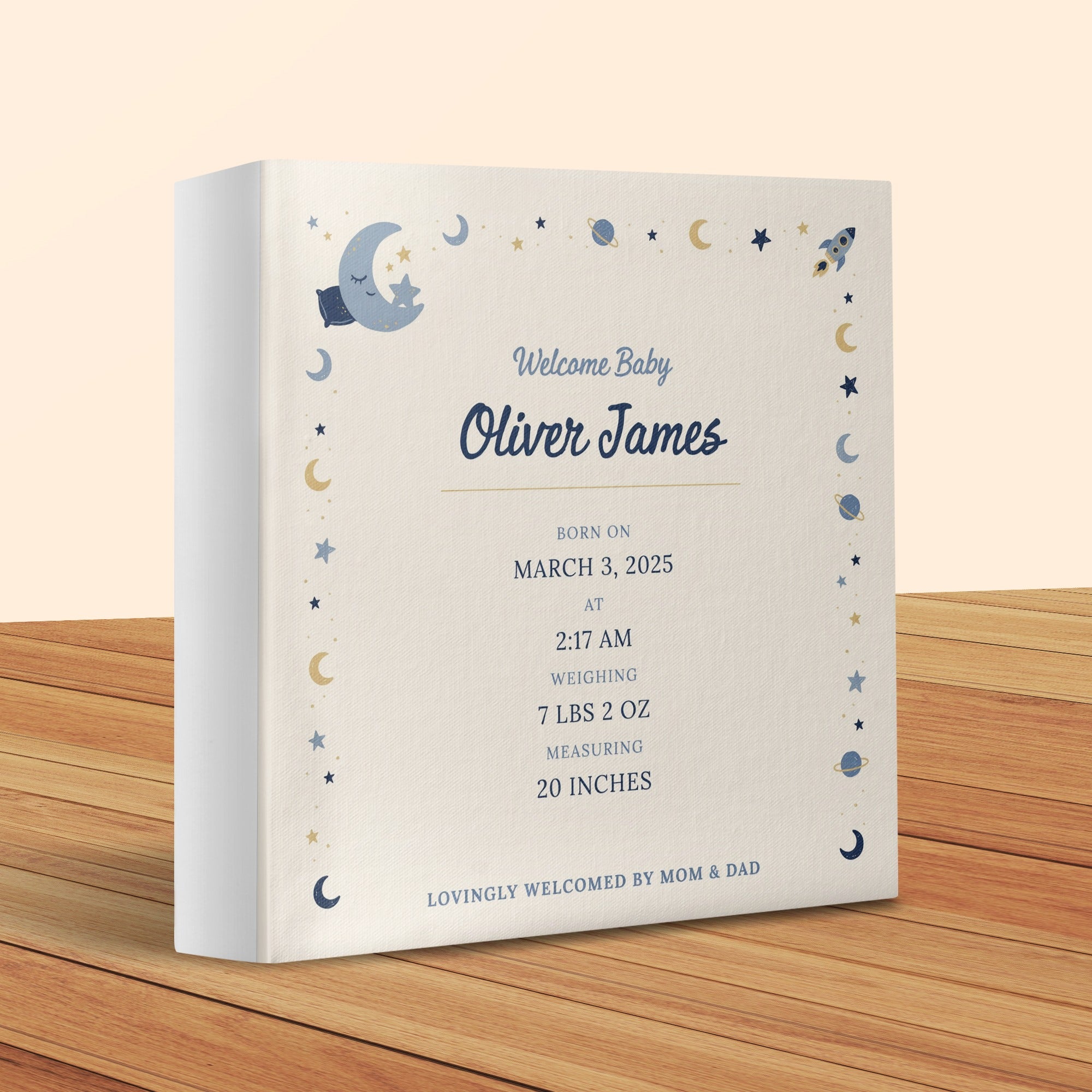 Baby Oliver James birth announcement with moon, stars, and rocket motif.