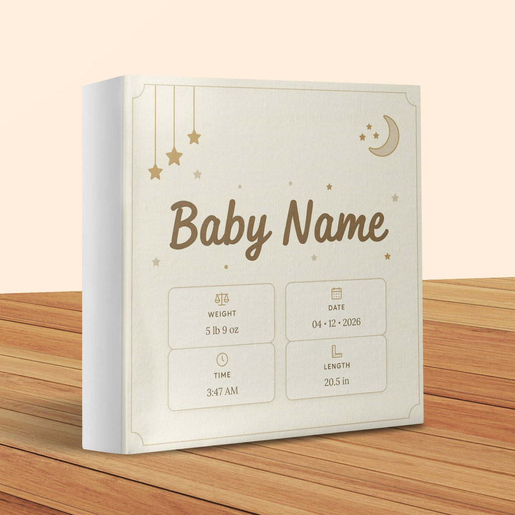 Baby keepsake book with name, weight, date, time, and length.
