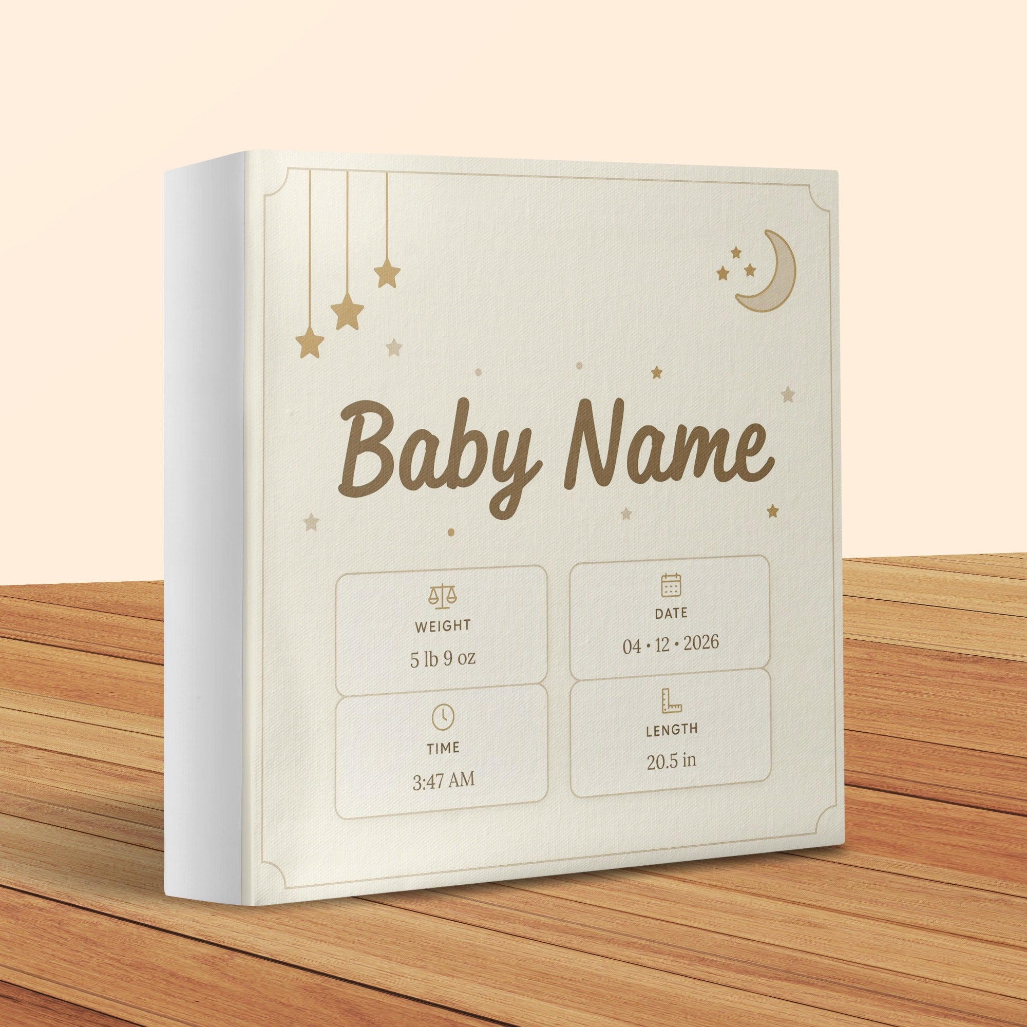 Baby keepsake book with name, weight, date, time, and length.