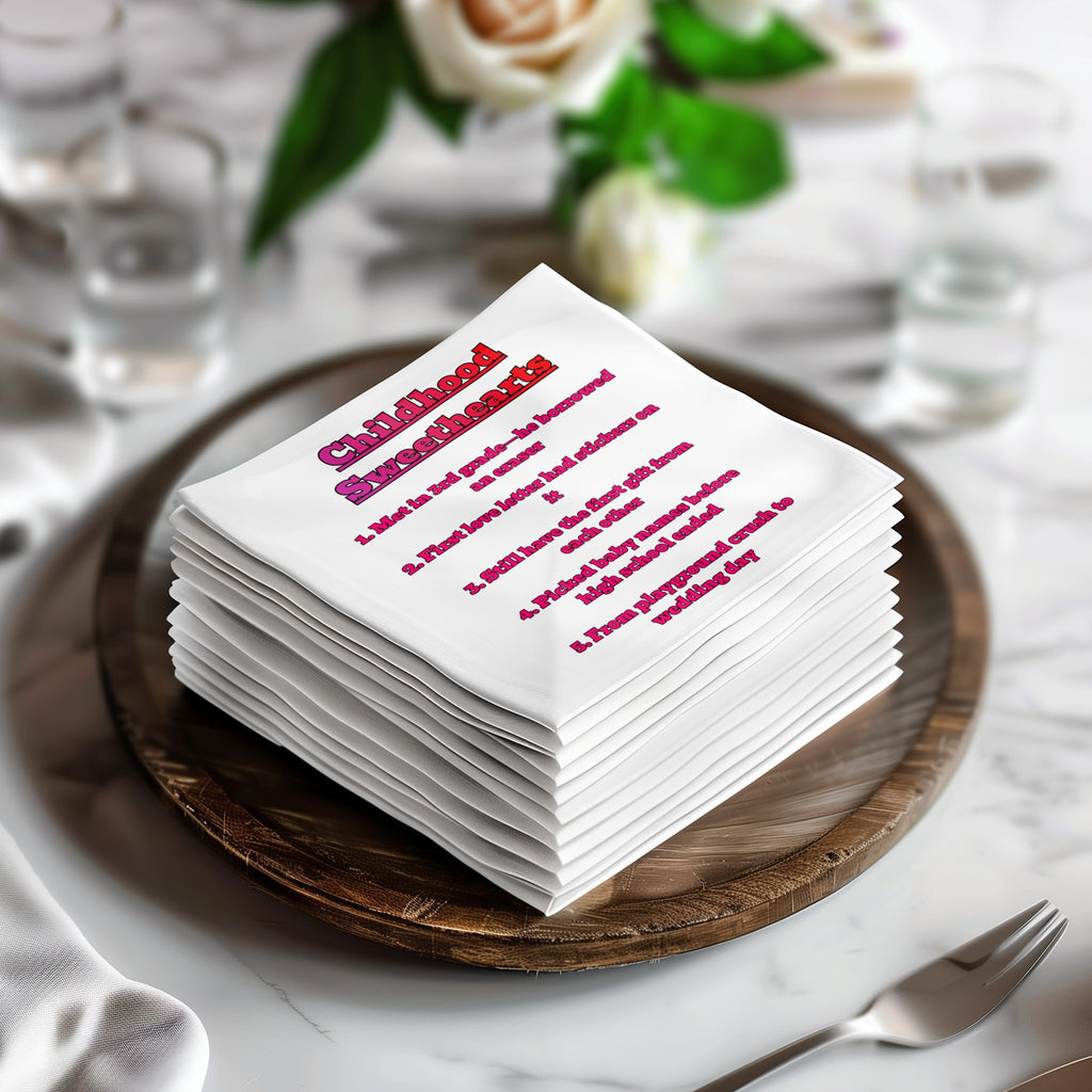 Stack of napkins with childhood sweetheart memories listed.