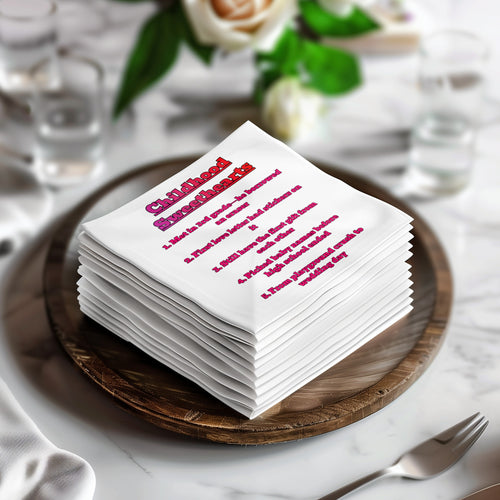 Stack of napkins with childhood sweetheart memories listed.