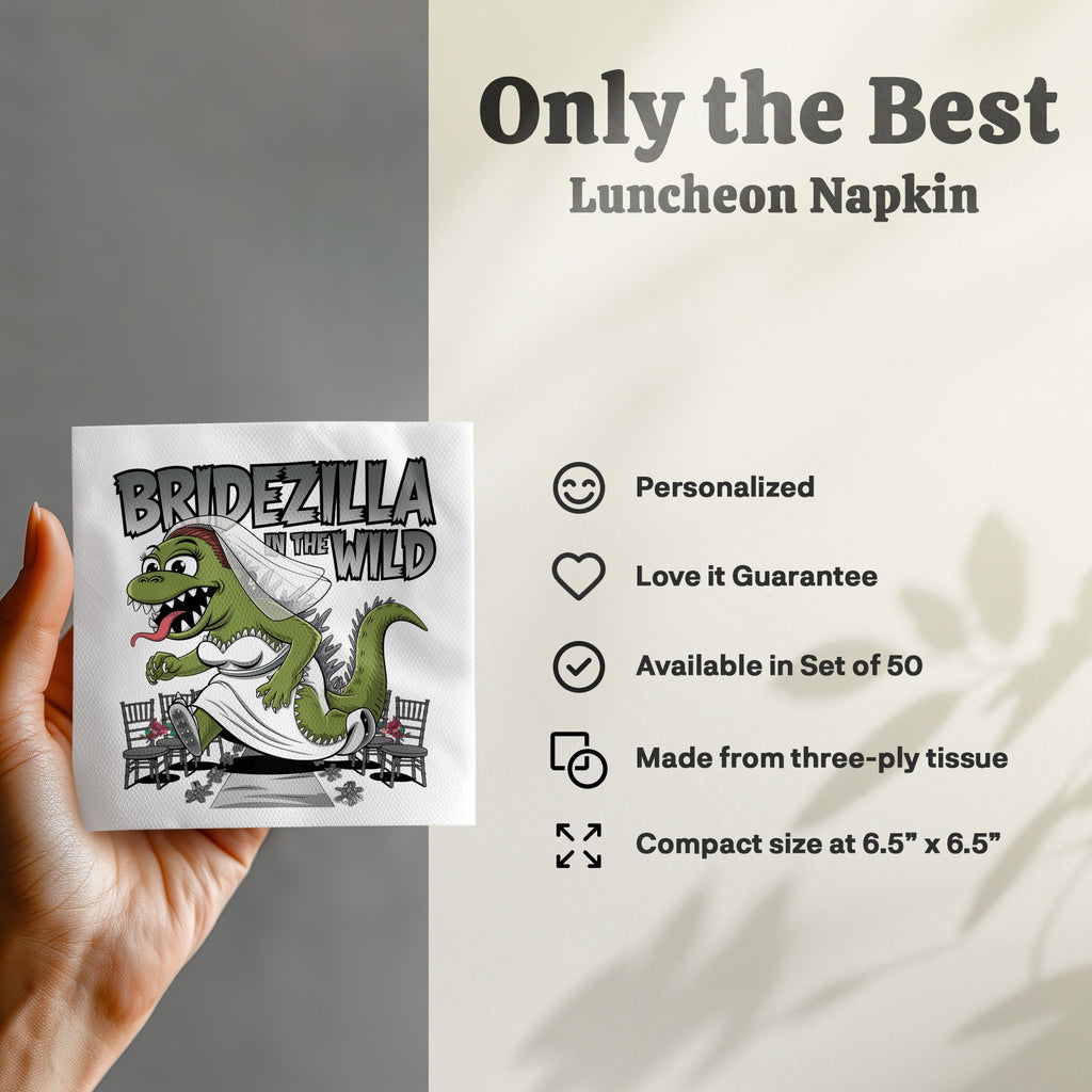 Bridezilla in the Wild napkin with wedding scene and details.