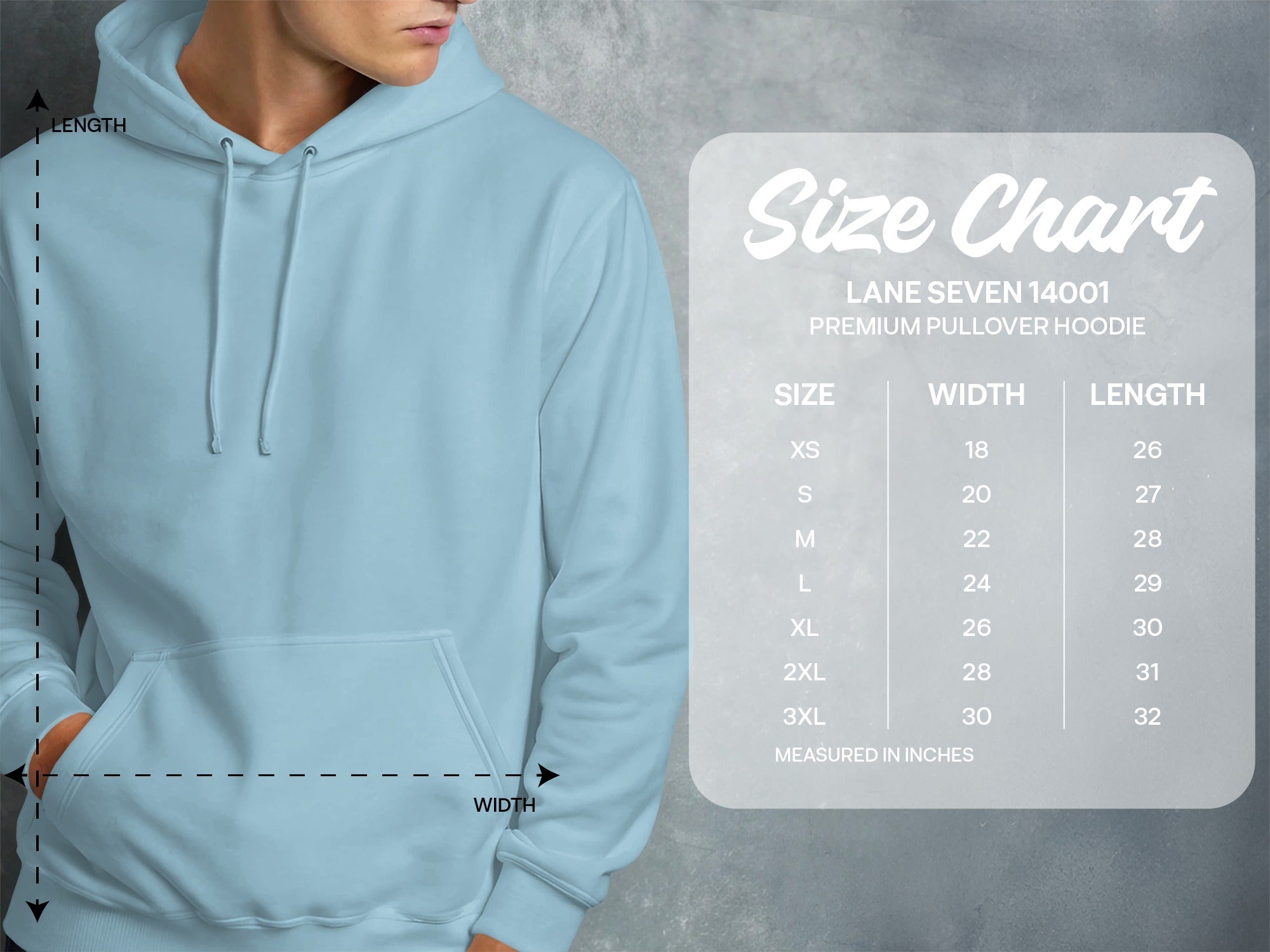 Light blue hoodie size chart with width and length measurements for Lane Seven 14001.