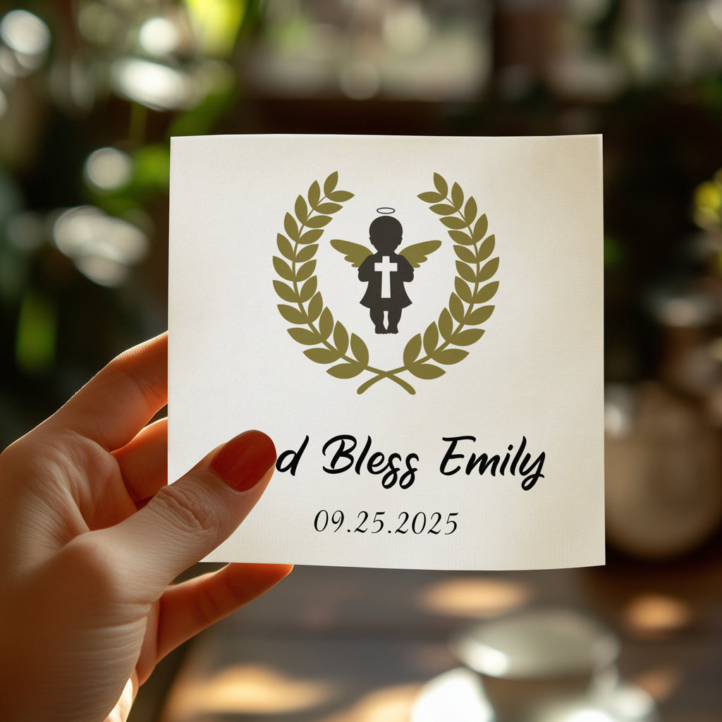 God Bless Emily 09.25.2025 card with angel and laurel wreath.