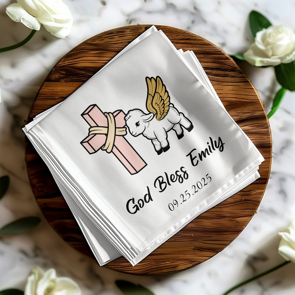 White cloth with lamb, cross, wings, and text "God Bless Emily 09.25.2025".