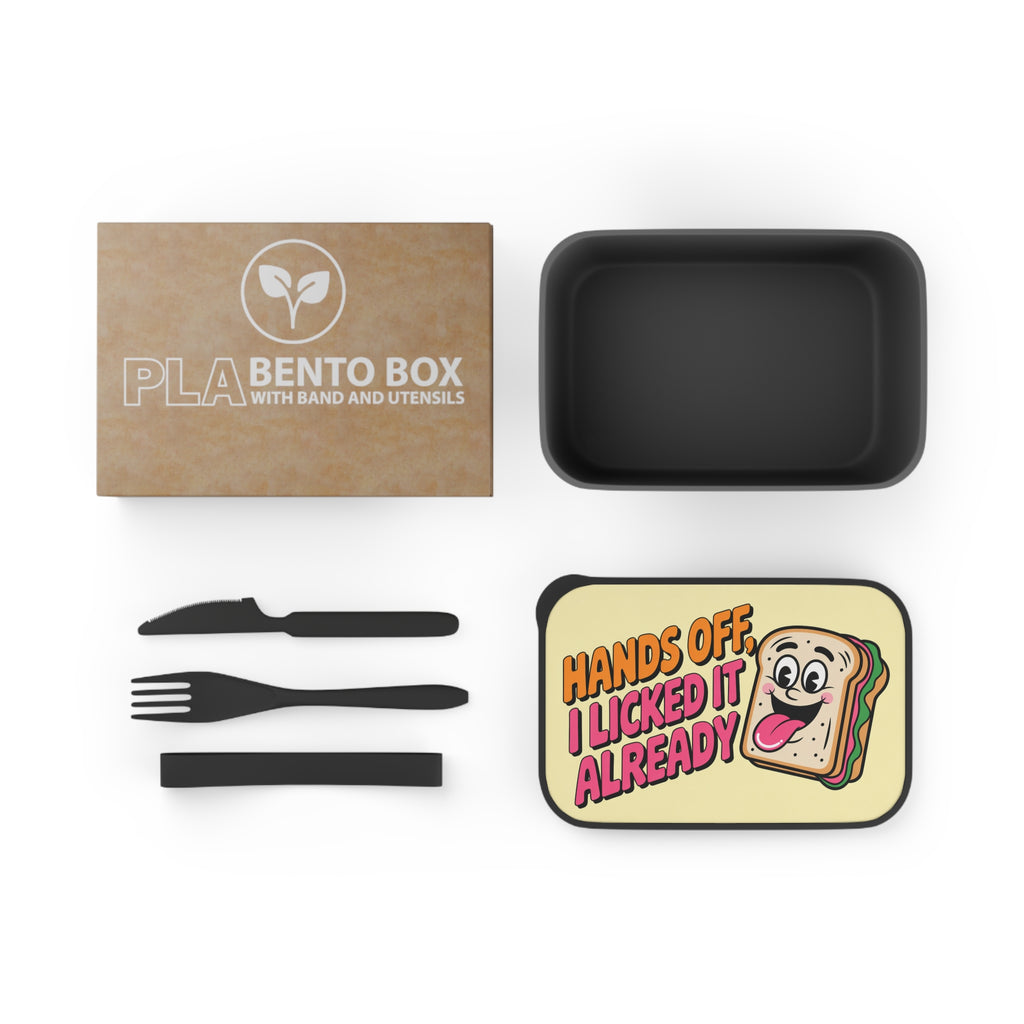 PLA Bento Box with utensils and humorous sandwich sticker.
