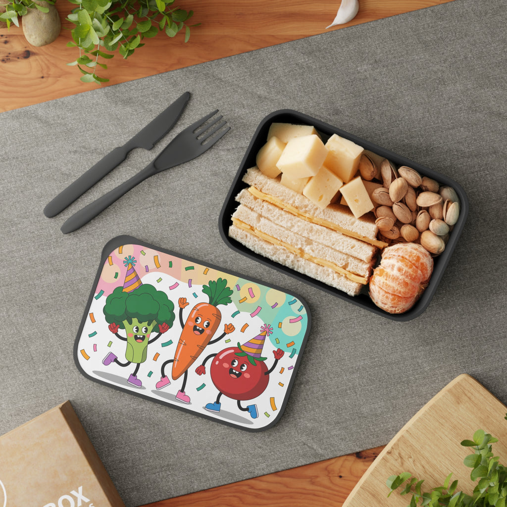 Cartoon broccoli, carrot, and tomato on lunchbox next to a bento box with sandwiches and nuts.