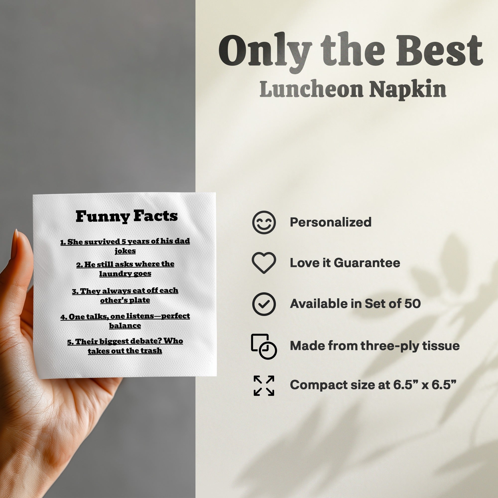 Luncheon napkins with "Funny Facts" and list of jokes, size 6.5" x 6.5".