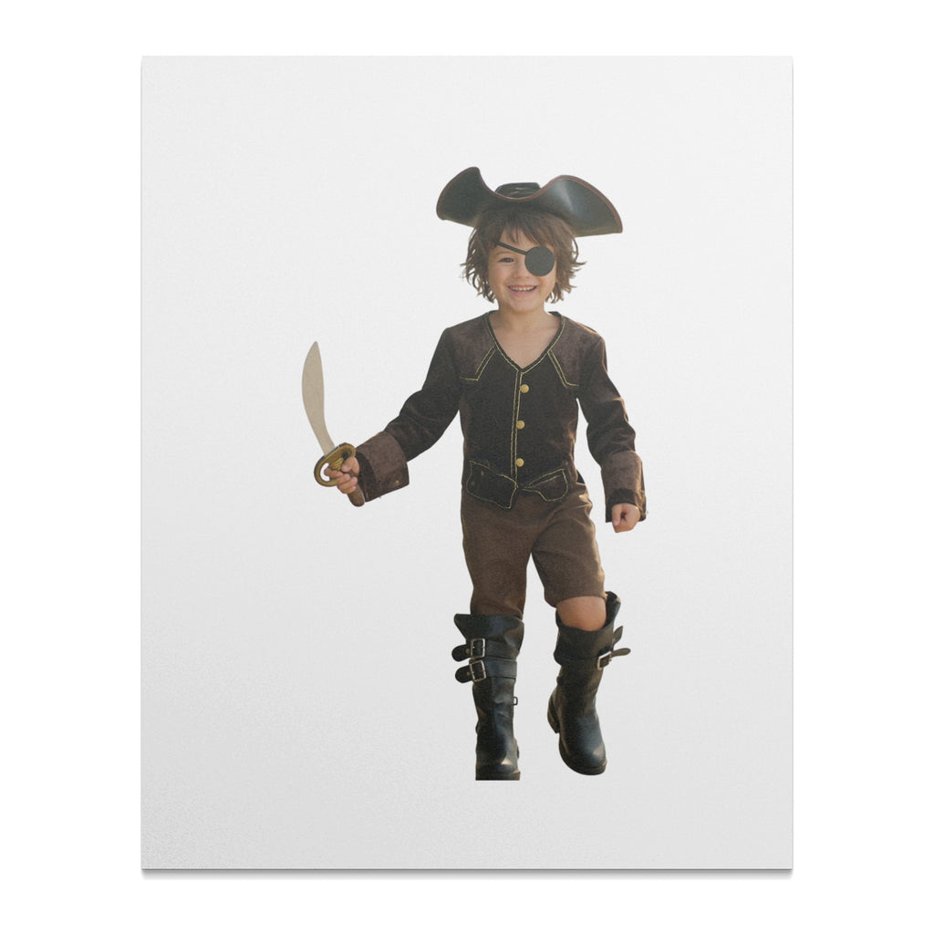 Boy in pirate costume holding a toy sword and wearing an eye patch.