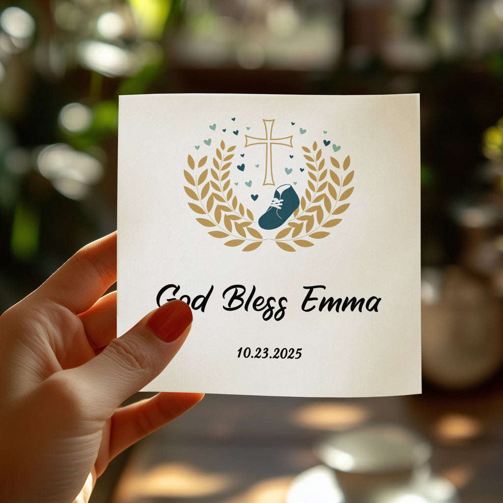Card with "God Bless Emma" and date, featuring a cross, wreath, and baby shoe.