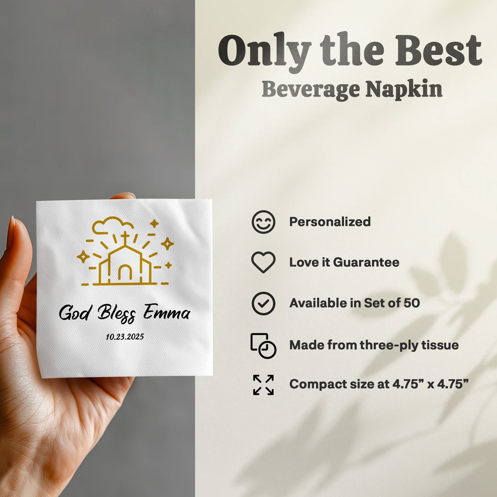 Gold cross and banner design on beverage napkin for "God Bless Emma."
