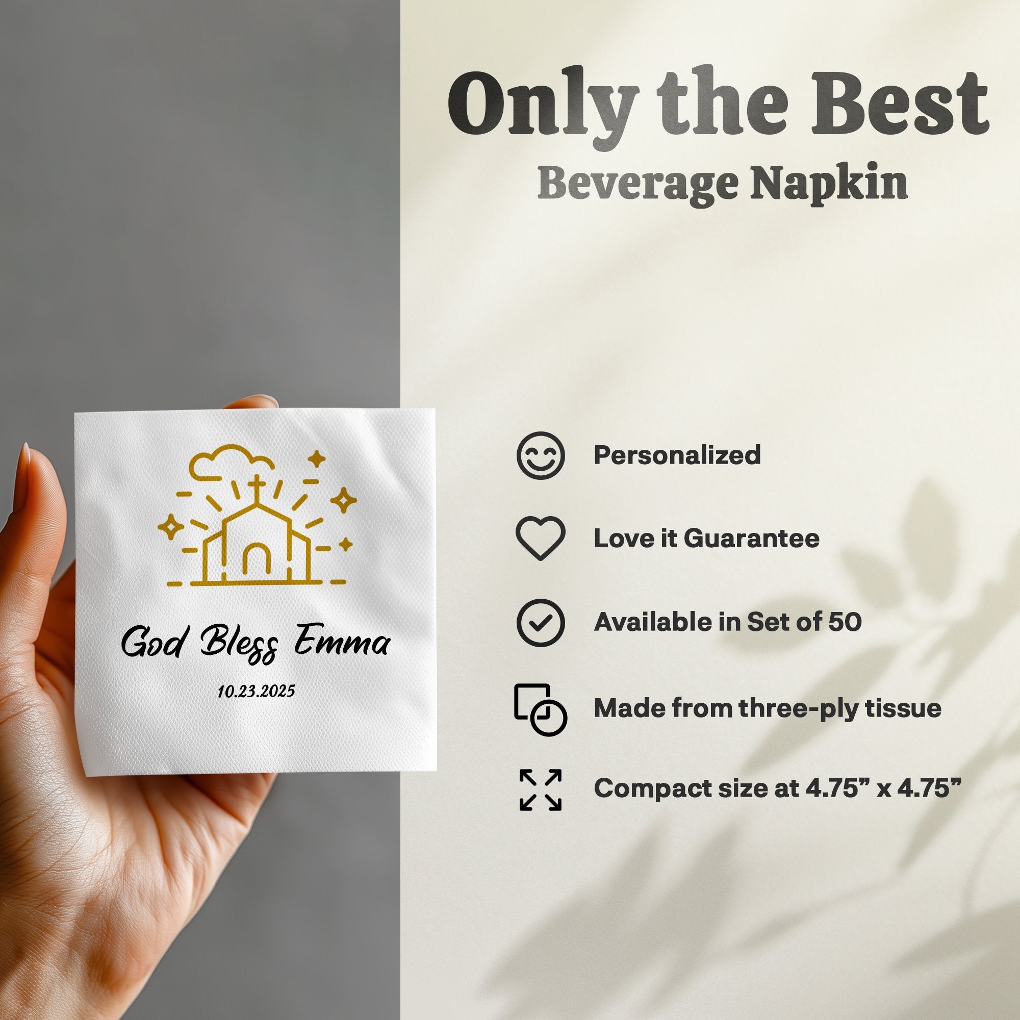 Gold cross and banner design on beverage napkin for "God Bless Emma."
