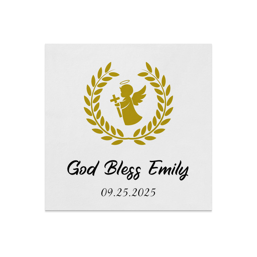 Gold angel with cross within laurel wreath, "God Bless Emily" and date.