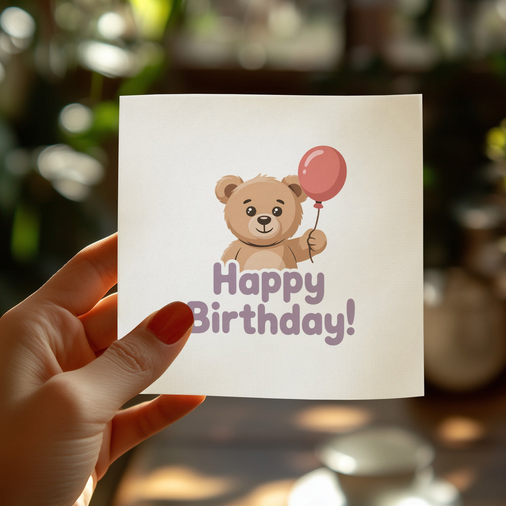 Card with teddy bear holding balloon and "Happy Birthday!" text.