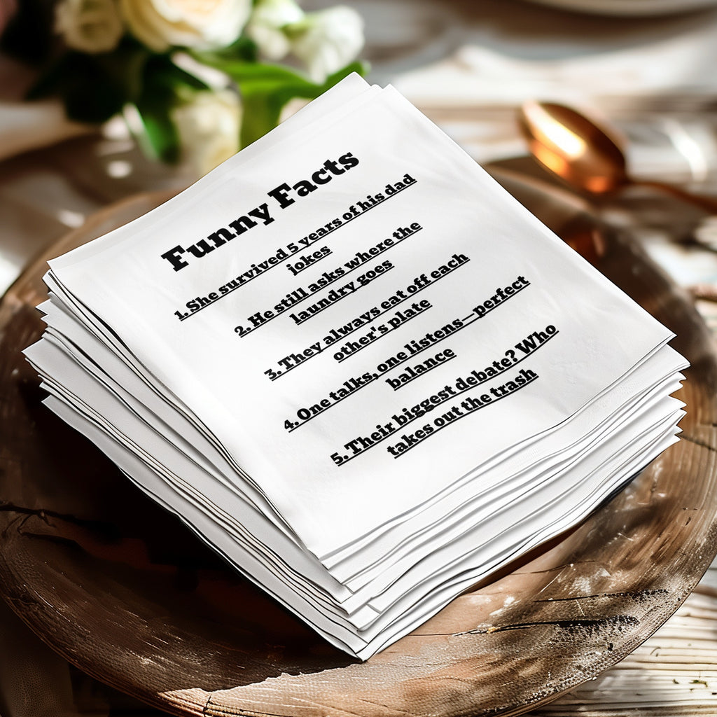 Stack of napkins with "Funny Facts" and five numbered jokes.